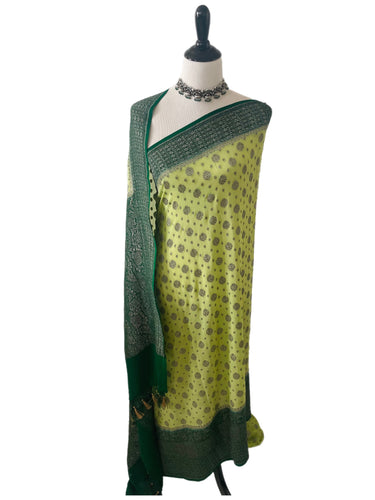 Chiffon Saree from Banaras | Light and Dark Green | Silver and Black Zari | Handwoven | Ships from California